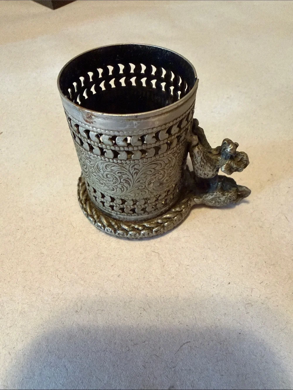 Antique filigree metal toothpick or cocktail pick holder.  Poodle on side.